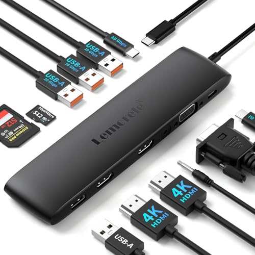 Lemorele USB-C Docking Station 13-in-1 für 3 Monitore, 10Gbps, 100W PD | Dual HDMI + VGA, 3 schnelle USB-A-Ports, USB-C-Daten, SD/TF und Audio – für produktives Multitasking am Laptop