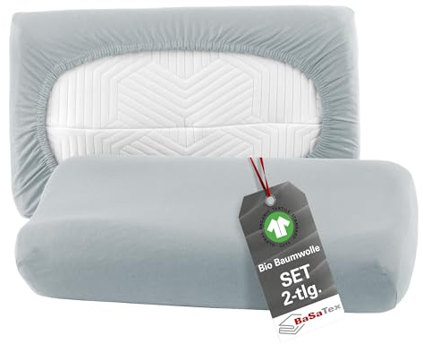 BaSaTex Bio Kissenbezüge Spannbezüge 2er Pack für Nackenkissen und Gesundheitskissen | 97% GOTS-Zertifizierte Baumwolle + 3% Elasthan | 40x60 cm - 45x65 cm | Silber