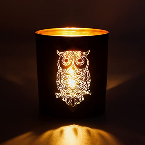Larcenciel Teelichthalter Eule, Schwarz Gold Kerzenständer Glas Kerzenhalter Romantischer Teelichtgläser, Windlicht Glas Elegante Teelichter Dekoration für Party, Geburtstag, Weihnachten, Termine