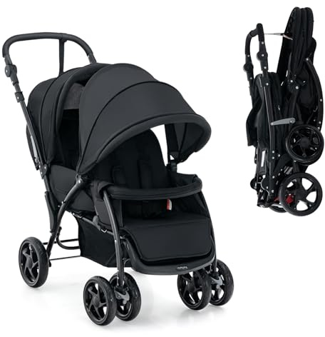 LIFEZEAL Faltbarer Doppelkinderwagen für Zwillinge, Kinderwagen 2-Sitzer mit verstellbarer Rückenlehne, Mobiler Geschwisterwagen mit Bremsen, Belastung 15 + 15 kg (Schwarz)