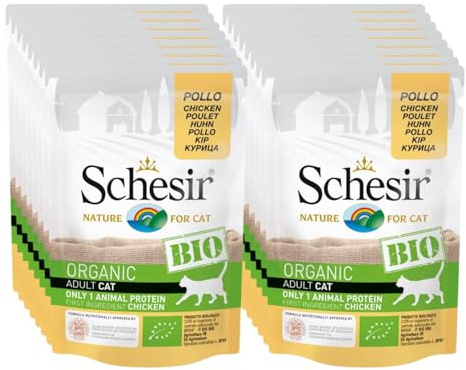 Schesir BIO, Vollwertige Nassnahrung für Katzen, Hähnchenpaté, Ohne Getreide, In Beuteln, Glutenfrei, 16 x 85 g