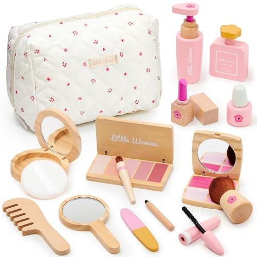 Atoylink Holz Kinderschminke Set Mädchen Kinder Schminke Makeup Spielzeug | Rollenspiel Beauty Set Schminkkoffer Schminkset Holzspielzeug Weihnachten Geburtstags Geschenk für Mädchen ab 3 4 5 6 7 Jahre