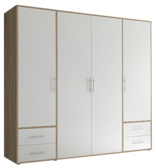 VALENCIA Drehtürenschrank Kleiderschrank in Eiche Sonoma Optik und Weiß | 206 x 195 x 60 cm (B/H/T), 4-türig, viel Stauraum, geeignet für das Schlafzimmer, modernes Design