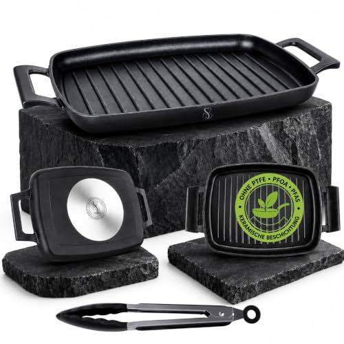 Stone&Stone Grillplatte Induktion XL 47 x 29 cm, Grillpfanne Rechteckig Antihaft, Deutsche GREBLON Keramikbeschichtung, Vollstahlboden, PFAS-/PTFE-/PFOA-frei, Gas & Backofen