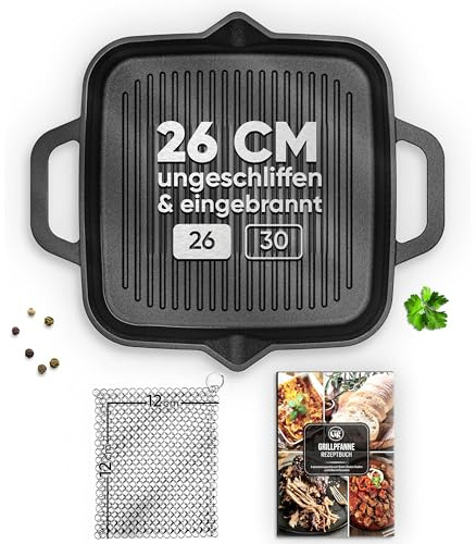 GUSSKÖNIG Premium Grillpfanne Gusseisen 26 cm – Gusseisenpfanne für Gasgrill, Herd & Backofen – inkl. Ringreiniger & Rezeptheft – Steakpfanne, eingebrannt, hitzebeständig bis 300°C