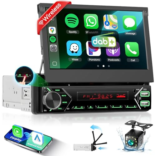 1 DIN DAB+ Autoradio mit 7 motorisiertem Touchscreen, Wireless CarPlay & Android Auto, Podofo Autoradio Bluetooth, USB-C, Mirror Link, Rückfahrkamera