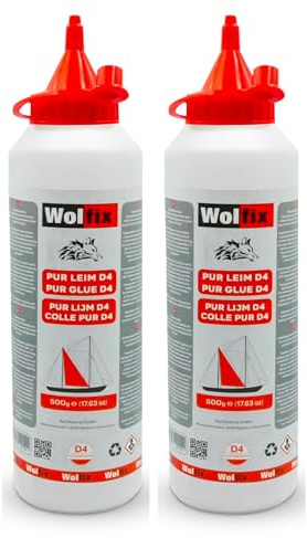 Wolfix Holzleim Wasserfest D4 2 Stück 500g - Sekundenkleber Extra Stark für Holz, Metall und PUR - PVC Kleber, Montagekleber, Bastelkleber und Flüssigkleber - Schnell Trocknender Holzspachtelmasse