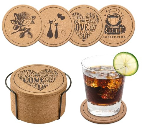 Lompyeu Untersetzer Gläser, Untersetzer 12er Set mit Untersetzer-Halter, Kork Glasuntersetzer Bierdeckel, Küchenutensilien Wohnzimmer Deko Personalisierte Geschenke