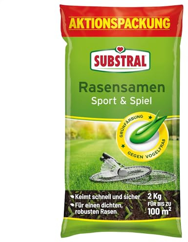 Substral Rasensamen Sport und Spiel, 2kg für 100m² - strapazierfähige Rasensaat-Mischung mit Grünfärbung gegen Vogelfraß