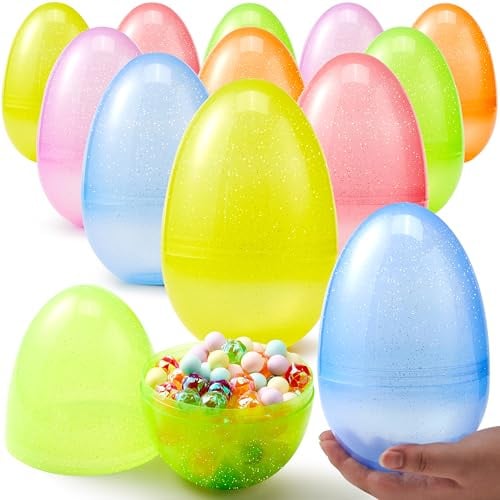 JOYIN 12 Stück 17,8 cm große Jumbo-Ostereier aus Kunststoff, transparent, 6, glitzernde Leere Eier zum Befüllen von Leckereien, Ostern, Party, Gastgeschenk, Jagd, Korbfüller