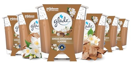 Glade Duftkerze im Glas, Sandalwood and Jasmine, 6er Pack | Duftkerzen Set, 27h Brenndauer je Kerze, Sandelholz & Jasmin, Vorteilspack, stimmungsvolles Raumduft-Erlebnis