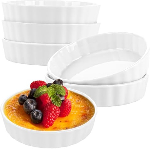 APACALI 6 Stück Creme Brulee Schälchen, 240ml Souffle Förmchen, Tartelette Förmchen Keramik, flache Souffleschalen zum Backen von Vanillepudding, Mini-Kuchen, Pudding und Dip-Saucen
