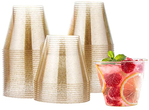 MATANA 60 Hartplastik Partybecher mit Goldglitter, Plastikbecher Gold (255ml / 8.6oz) - Mehrweg Kunststoffbecher, Cocktailgläser - Dessertbecher für Geburtstage, Hochzeiten & Partys