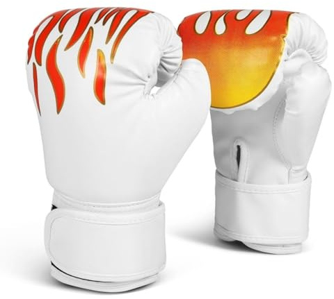Flexzion Boxhandschuhe für Kinder im Alter von 3 bis 8 Jahren Allzweck-Trainingshandschuhe Boxsackhandschuhe mit Wrap-Around-Stütze, UFC Kickboxen Sport Fitness Jungen Kinder (Flammen-Weiß)