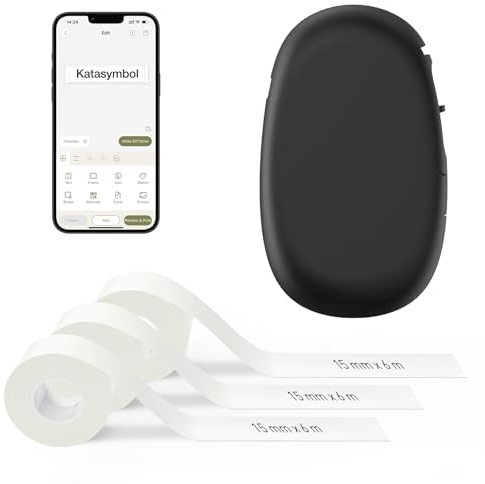 SUPVAN E10 Etikettendrucker Value Pack inkl. 3 Rollen wasserfeste Endlos-Etiketten (15 mm × 6 m/Rolle), schwarz