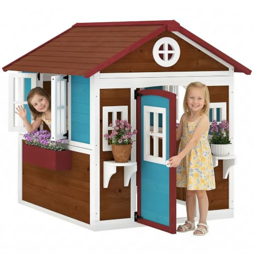 Outsunny Kinderspielhaus aus Holz Outdoor mit Fenster, Tür Dunkelbraun | Blumenregal, Pflanzenkasten, Gartenhaus, für Kinder 3-8 Jahre