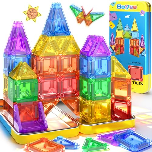 Soyee Magnetische Bausteine, Reisespiele Spielzeug ab 3 4 5 6 Jahre Mädchen Junge Magnetbausteine für Kinder STEM Sensorik Montessori Geschenk für 3+ Jahre Kleinkinder
