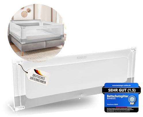 BEANBUDS® Bettgitter Rausfallschutz 180cm [1 Seite] - Bettschutzgitter Lattenrost & Boxspringbett - Baby Gitterschutz Elternbett & Kinderbett - inkl. extra Gurt zur Befestigung - Fallschutz Bett, Grau