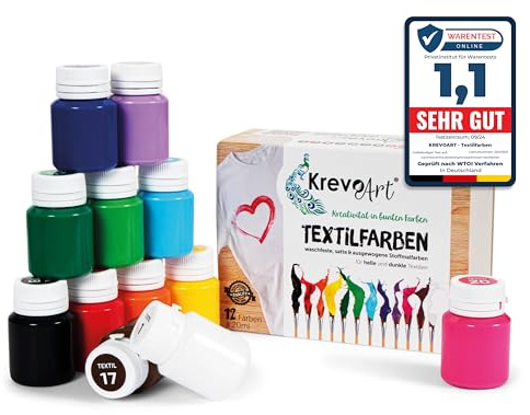 Krevo Art Stoffmalfarben Textilfarben WASCHFEST | Set aus 12 x 20ml Stofffarben in Fläschchen | Zum Bemalen von verschiedenen Textilien