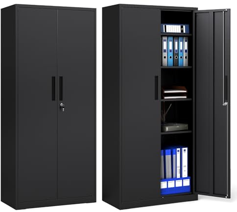COSTWAY Aktenschrank abschließbar, 180 cm Metallschrank mit Doppeltür & 4 verstellbaren Regalen, Büroschrank Stahl, Mehrzweckschrank Werkstattschrank für Büro, Wohnzimmer, Garage, Schwarz