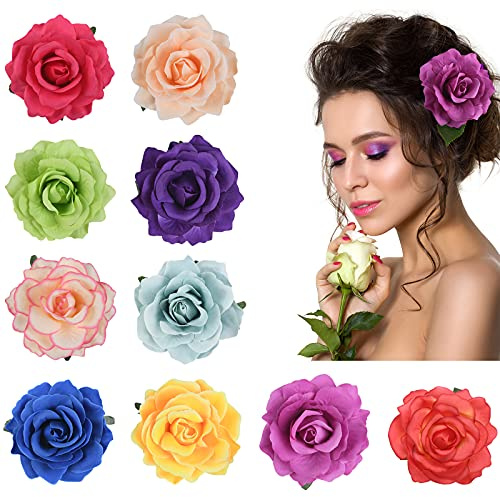 URAQT 10 Stücke Blume Haarspange, Haarclip Blume Mehrfarbig | Rosen Haarnadeln Haarschmuck für Mädchen Frauen Party Strand Hochzeit