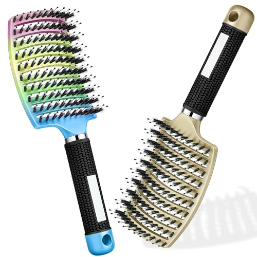 Haarbürste Haarstyling Bürste für Lange Feine Dicke Lockige Haare ohne Ziepen, Profi Entwirrungsbürste Griff, Wildschweinborsten detangler kinder entwirrburste damen herren entwirren (Gold+Regenbogen)