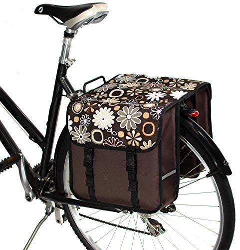 BikyBag Classic - Fahrradtasche Gepäckträger (Braune Gänseblümchen-Blumen) | Wasserabweisende Satteltaschen fürs Fahrrad mit Reflektoren, Doppel-Gepäckträgertasche für hinten, Packtaschen zum Pendeln