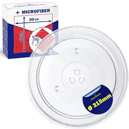 Mikrowellenteller Glas Universal Ø315mm 3 Fixierungen Drehteller für Candy | mit dem Originalcode 49016762 49008503 49010006 - Kit Enthält ein Microfasertuch - MONTERAL