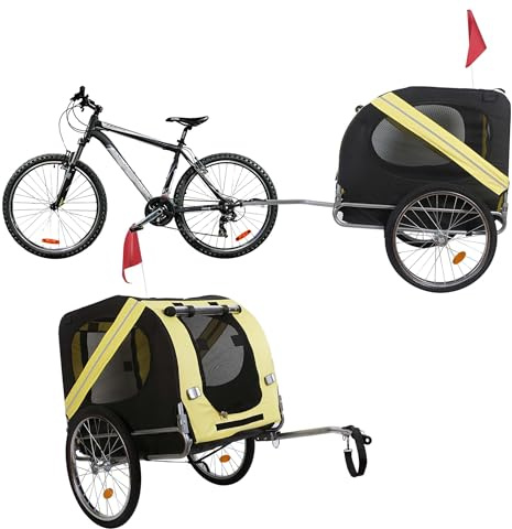 Wiltec Hunde Fahrradanhänger 220x700x78cm gelb-schwarz mit Sicherheitsdrehkupplung, Lastenanhänger Fahrrad mit Fliegengitter & Regenschutz