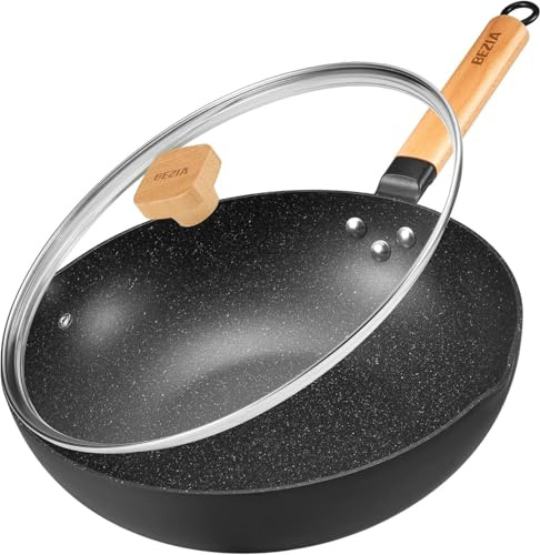 BEZIA Induktions Wok Pfanne mit Deckel, Antihaft-Wokpfanne 30 cm, Wok zum Braten mit Holzgriff, flacher Boden, Für alle Herdarten geeignet, Granit