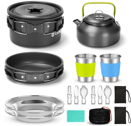 Odoland Camping Geschirr Set 17-teilige Kochset Topfen mit 0.8 L Teekessel Campingbesteck und Becher Leicht Aluminium Campingtopfe Faltbare Kochgeschirr für Outdoor Kochen