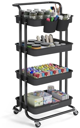 SONGMICS Rollwagen, 4 Ebenen, Servierwagen, Küchenwagen mit Griff, 2 kleine Einhängefächer, 2 Bremsen, Ablagefächer aus Kunststoff, einfacher Aufbau, Schlafzimmer, schwarz BSC077BZ01