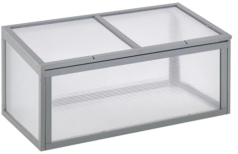 Outsunny Frühbeet Holz und Polycarbonat Treibhaus 90 x 46 x 40 cm Gewächshaus mit Abdeckung wetterfest Frühbeetkasten für Garten Pflanzenbeet Grau