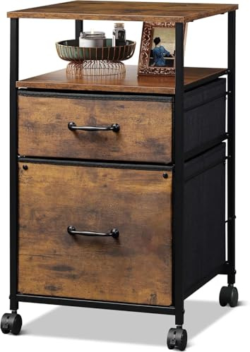 DEVAISE Rollcontainer mit 2 stoffbespannten Schubladen und offenem Fach Büro Organizer mit Feststellrädern für A4 Formate Vintage Braun