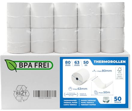 THERMALKING Thermorollen 80mm x 63mm x 12mm [für Bondrucker wie Epson, IBM & co.] - Bonrollen 80x63x12 Thermo - Kassenrollen Thermopapier - Geeignet für Drucksysteme mit Papierbedarf bis 50m (50 Stk)