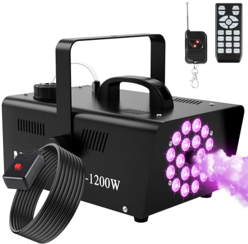 MOSFiATA Nebelmaschine 1200W Rauchmaschine Fog Machine mit 18 RGB LED Licht | 13 farbigen Lichter, Empfänger mit 3m Kabel, 1L Tank, Fernbedienung, Smoke Machine für Halloween Party Disco Outdoor