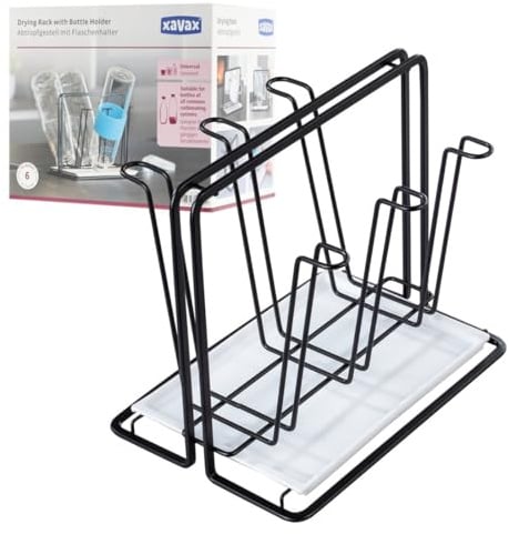 Xavax Abtropfgestell für 6 Flaschen (Flaschenhalter aus Metall, Abtropfständer für Gefäße mit Abtropfschale, für Sodastream, Air up, Avent, Philips), schwarz