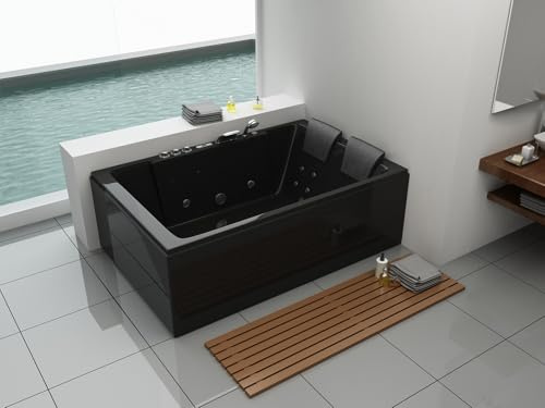 Whirlpool Torino 180x120 cm Black – Indoor-Whirlpool für 2 Personen mit 14 Hydrojets & 8 Airjets, Heizung, LED-Farblicht, Bluetooth-Soundsystem & Wasserfall