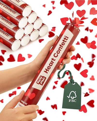 Partyjoker 10er Konfettikanone Herzen Rot – Hochzeit – Konfetti Kanone Set | Biologisch abbaubar aus FSC-Papier, einfach & sicher zu bedienen, 5-8 Meter Wurfweite, rote Deko fürs Brautpaar