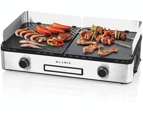 KLAMER Elektrogrill, antihaftbeschichtete und abnehmbare Duo-Platten, separate Temperatureinstellung, 5 Grillstufen, mit Wind-/ Spritzschutz & Auffangschale