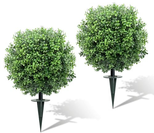 GOVIRAYE 24-Zoll (60 cm) 2er-Set künstliche Buchsbaumkugeln – Frost- & UV-beständige, immergrüne Gartenkugeln für draußen. Mit Erdspießen für Terrasse, Balkon, Garten, Vorgarten und Innenbereich.
