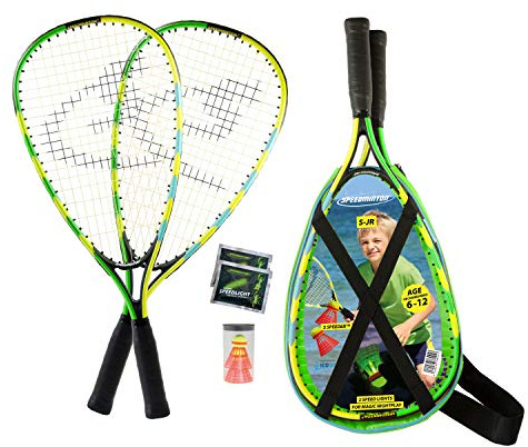 Speedminton Junior Set – Original Speed Badminton/Crossminton Kinder Set inkl. 2 FUN Speeder, Tasche, Grün, 60 cm