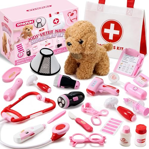 SYNCFUN Arztkoffer Kinder,Tierarzt Spielzeug,Doktorkoffer Kinder mit Plüsch Poodle Spielzeug,und tragbare Doktortasche,Geschenk für Kinder Rollenspiele Spielzeug ab 3 Jahren