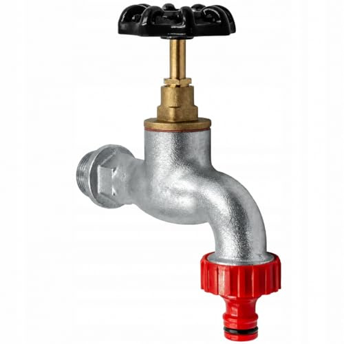 Auslaufventil Wasserhahn 1/2 Zoll mit Schwarzem Handrad und Schlauchanschluss, Robuster Auslaufhahn aus Gusseisen für Garten, Keller, Garage und Hauswirtschaftsraum