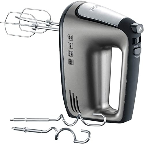 SEVERIN Handmixer, Handrührgerät mit 5 Geschwindigkeitsstufen, praktischer Handrührer mit 2 Edelstahl-Rührbesen und -Knethaken, 400 W, grau-metallic-schwarz / Edelstahl, HM 3832