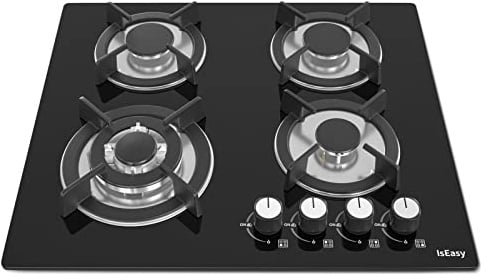 Gaskochfeld 4 Flammig, IsEasy Gaskochfeld Glas mit Automatischer Thermoelementschutz, Einbau Kochfeld Glas, 4 Zonen Gaskochfeld, Erdgas/Propangas, Schwarz Glasherd, 60cm, Up to 7800W
