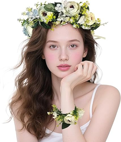 Blumenkranz Haare,Blumenkranz Blume Krone Stirnband mit Armband Set,Haar Garland,Haarbänder Floral Girlande,Blumenstirnband Einstellbar für Damen Hochzeit Zeremonie Festival Party Strand