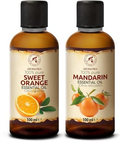 Ätherisches Süßorangenöl & Mandarinenöl 2x100 ml - für Diffusers | Für Diffusers und Duftlampen; Aromakerzen; Lufterfrischer; Seife; frischer Zitrusduft; Raumfrische; mit angenehmem Duft