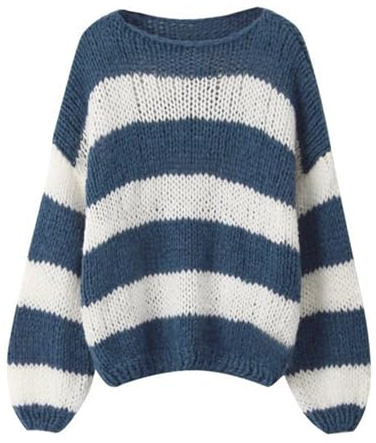 Geagodelia Damen Gestreifter Pullover Oversize Warmer Strickpullover Pulli Frauen Elegant Langarm Rundhals Winterpullover Damenpullover Oberteil Top Herbst Winter