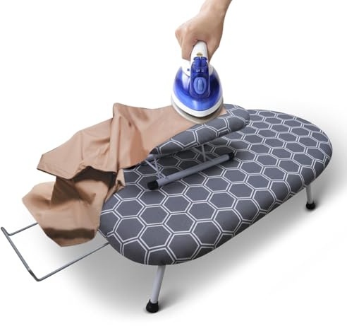 SUNDOY 60x36cm Tisch-Bügelbrett mitBügeleisenablage & Ärmelbrett Ärmelbrett für Hemden, Verdicktes Kunststoffnetz mit 5mm Polsterung & Baumwollbezug
